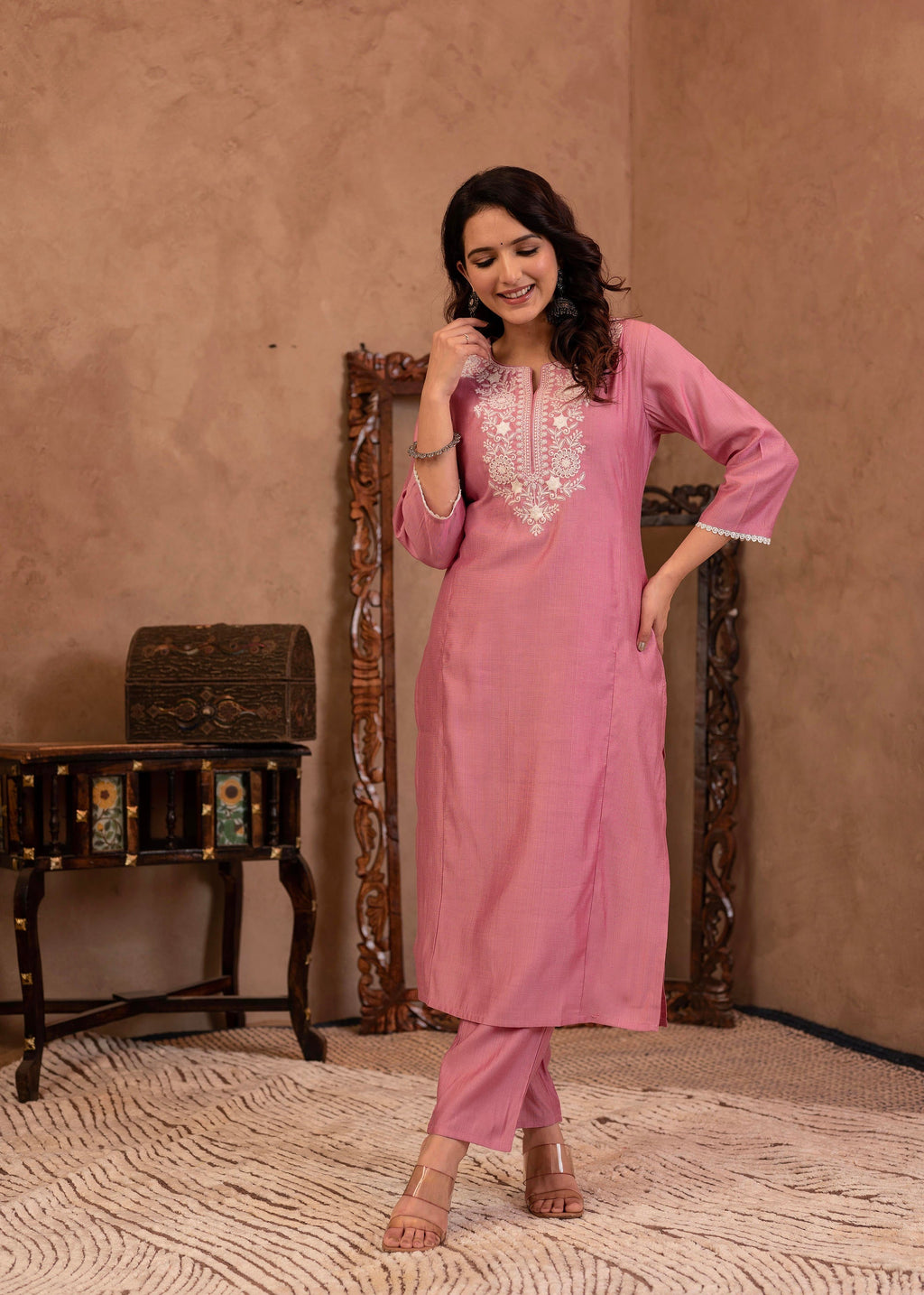 Juniper Pink Embroidered Viscose Kurta-Palazzo Set with Thread Work & Cotton Lace | Grocsy