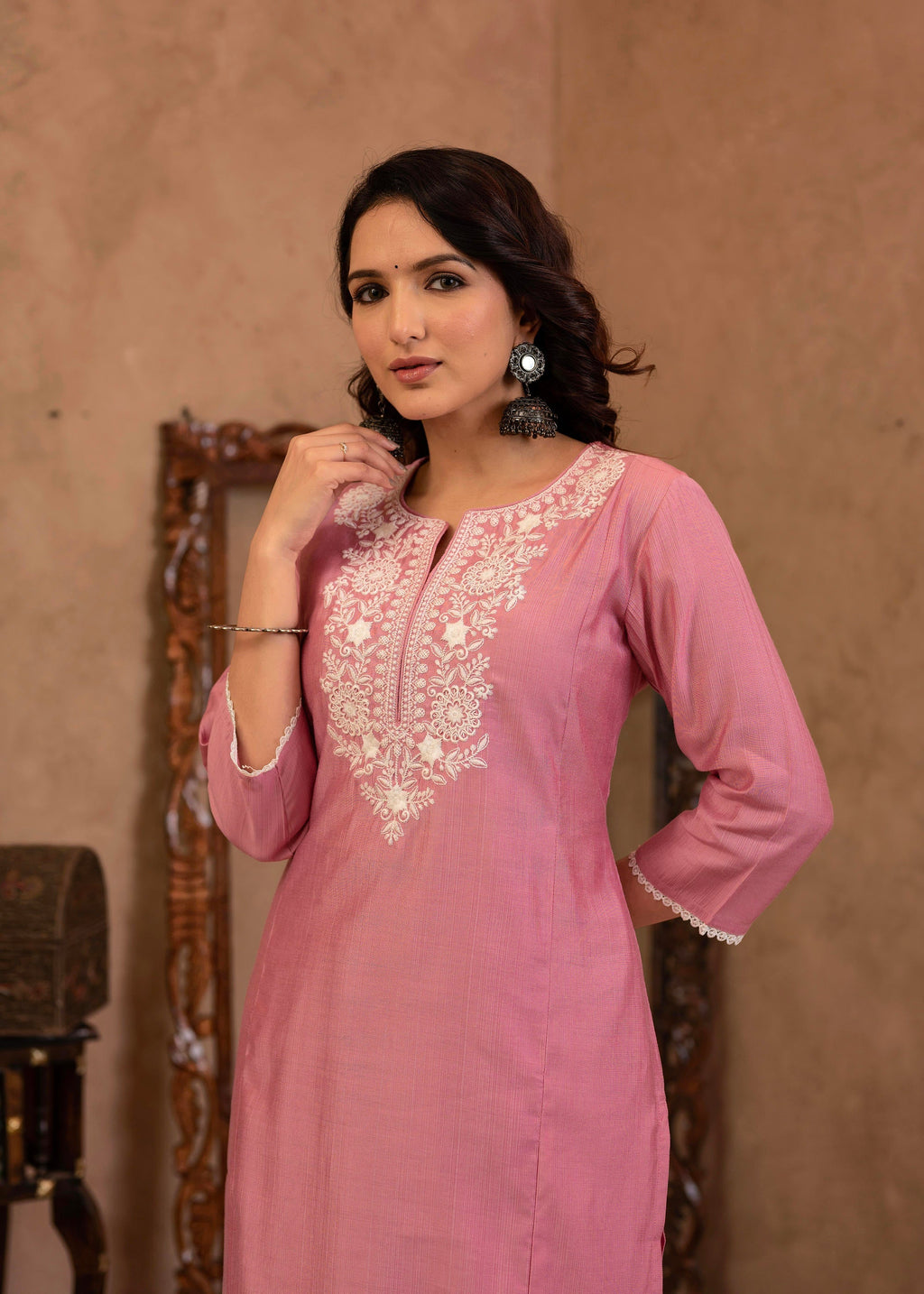 Juniper Pink Embroidered Viscose Kurta-Palazzo Set with Thread Work & Cotton Lace | Grocsy