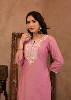 Juniper Pink Embroidered Viscose Kurta-Palazzo Set With Thread Work & Cotton Lace | Grocsy