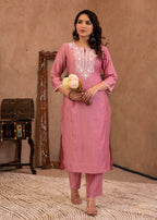 Juniper Pink Embroidered Viscose Kurta-Palazzo Set with Thread Work & Cotton Lace | Grocsy