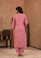 Juniper Pink Embroidered Viscose Kurta-Palazzo Set with Thread Work & Cotton Lace | Grocsy