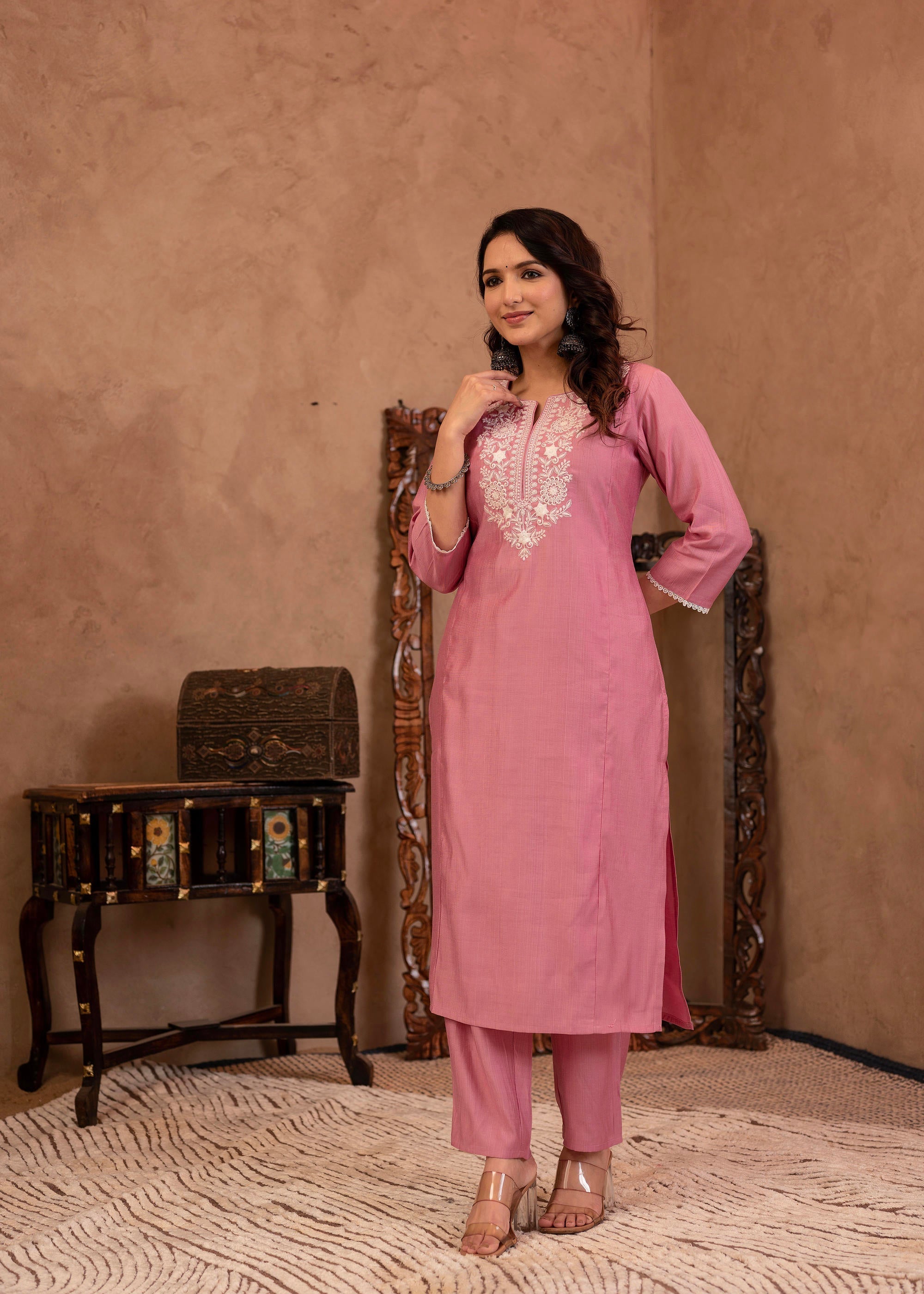 Juniper Pink Embroidered Viscose Kurta-Palazzo Set With Thread Work & Cotton Lace | Grocsy