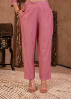 Juniper Pink Embroidered Viscose Kurta-Palazzo Set with Thread Work & Cotton Lace | Grocsy