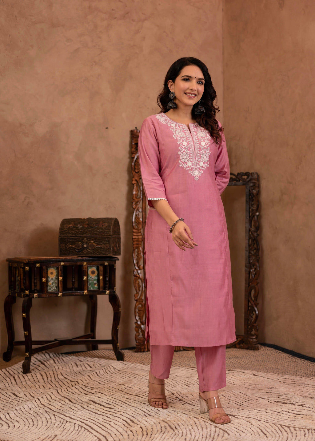 Juniper Pink Embroidered Viscose Kurta-Palazzo Set with Thread Work & Cotton Lace | Grocsy