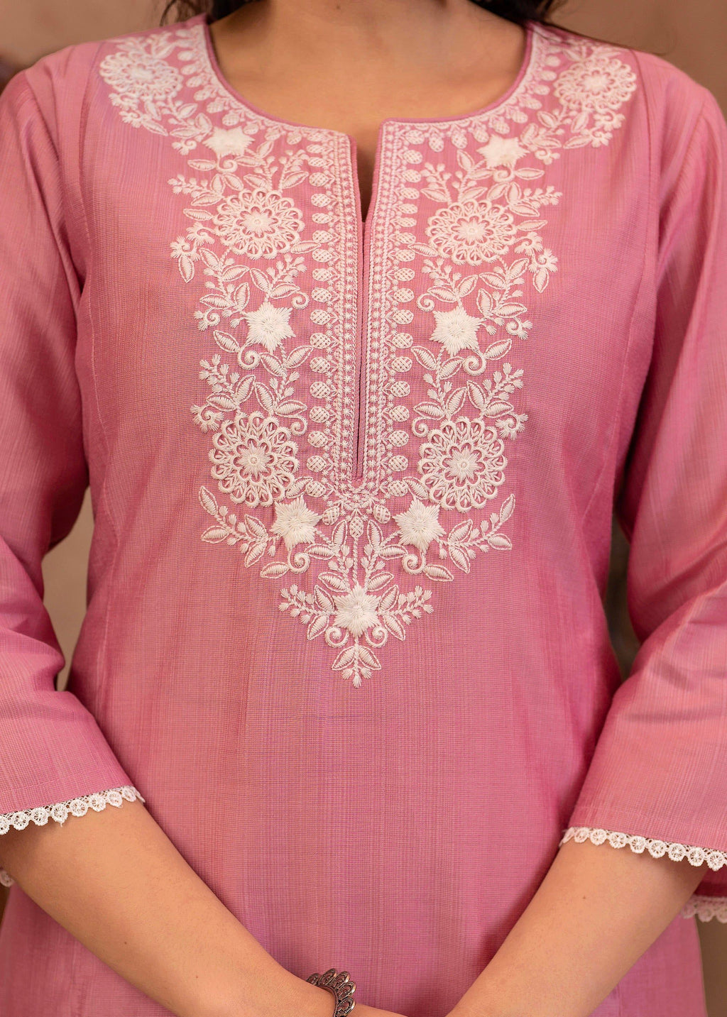 Juniper Pink Embroidered Viscose Kurta-Palazzo Set with Thread Work & Cotton Lace | Grocsy