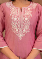 Juniper Pink Embroidered Viscose Kurta-Palazzo Set with Thread Work & Cotton Lace | Grocsy