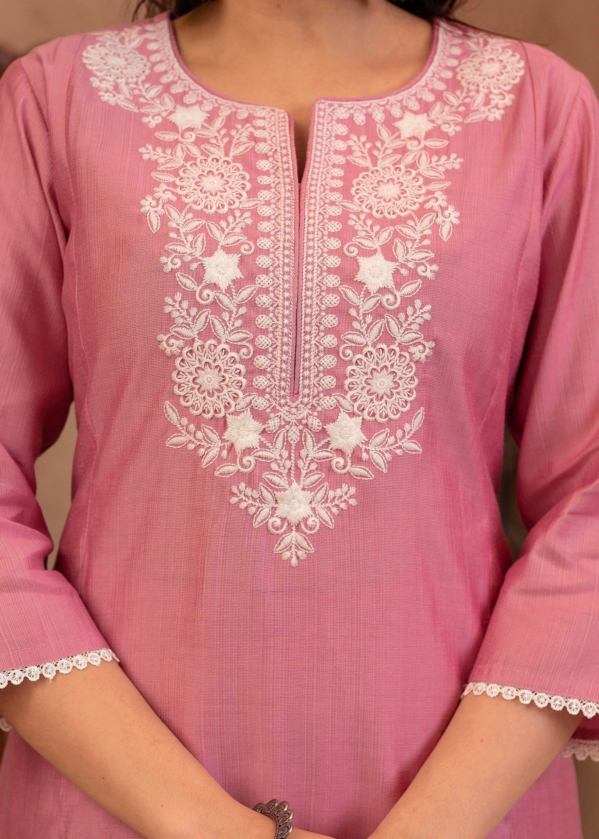 Juniper Pink Embroidered Viscose Kurta-Palazzo Set with Thread Work & Cotton Lace | Grocsy