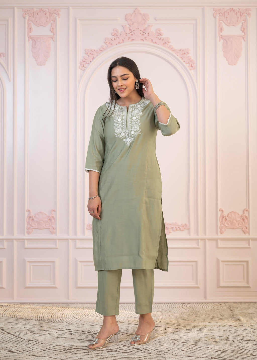 Juniper Sage Green Embroidered Viscose Kurta-Palazzo Set With Thread Work & Cotton Lace | Grocsy