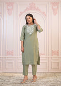 Juniper Sage Green Embroidered Viscose Kurta-Palazzo Set With Thread Work & Cotton Lace | Grocsy