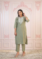 Juniper Sage Green Embroidered Viscose Kurta-Palazzo Set With Thread Work & Cotton Lace | Grocsy