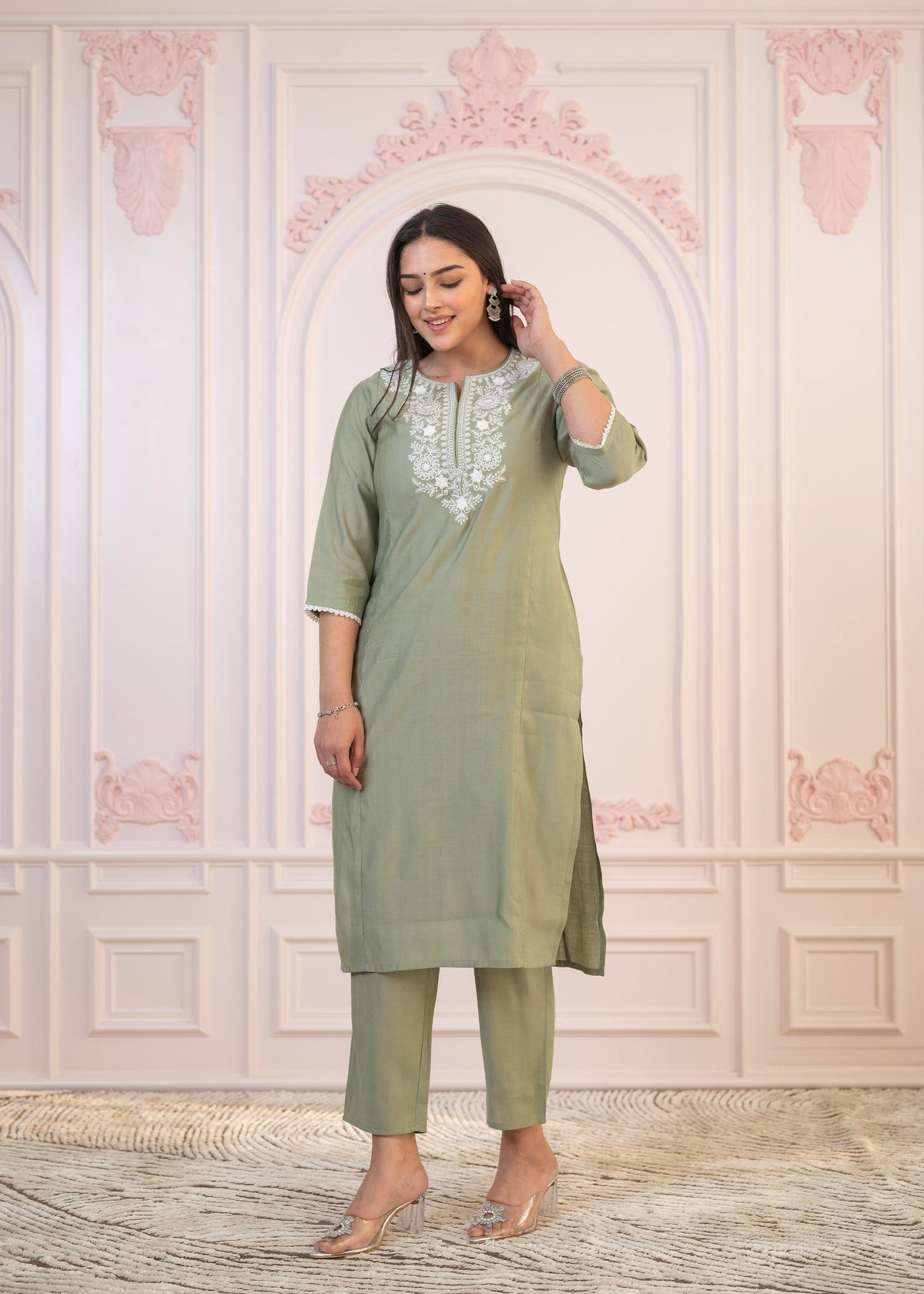 Juniper Sage Green Embroidered Viscose Kurta-Palazzo Set With Thread Work & Cotton Lace | Grocsy