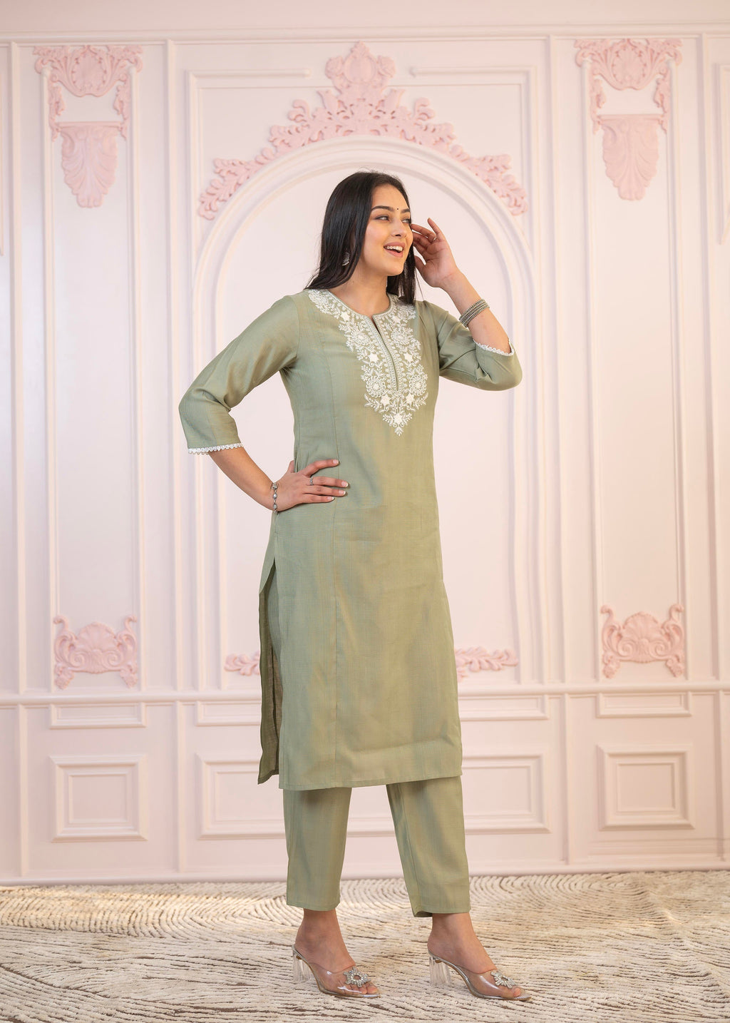 Juniper Sage Green Embroidered Viscose Kurta-Palazzo Set With Thread Work & Cotton Lace | Grocsy