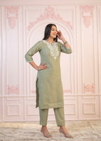 Juniper Sage Green Embroidered Viscose Kurta-Palazzo Set With Thread Work & Cotton Lace | Grocsy