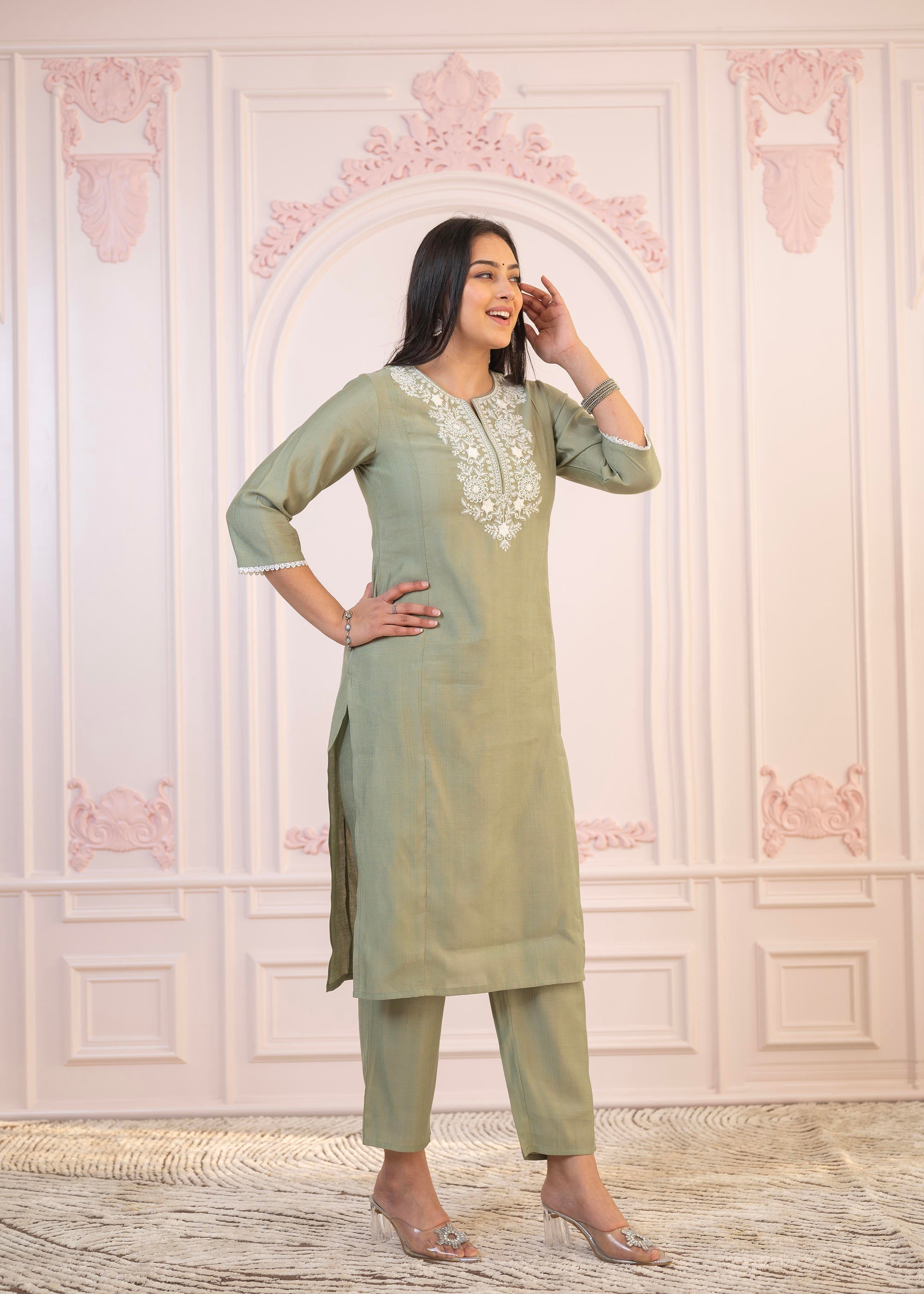 Juniper Sage Green Embroidered Viscose Kurta-Palazzo Set With Thread Work & Cotton Lace | Grocsy