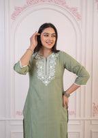 Juniper Sage Green Embroidered Viscose Kurta-Palazzo Set With Thread Work & Cotton Lace | Grocsy