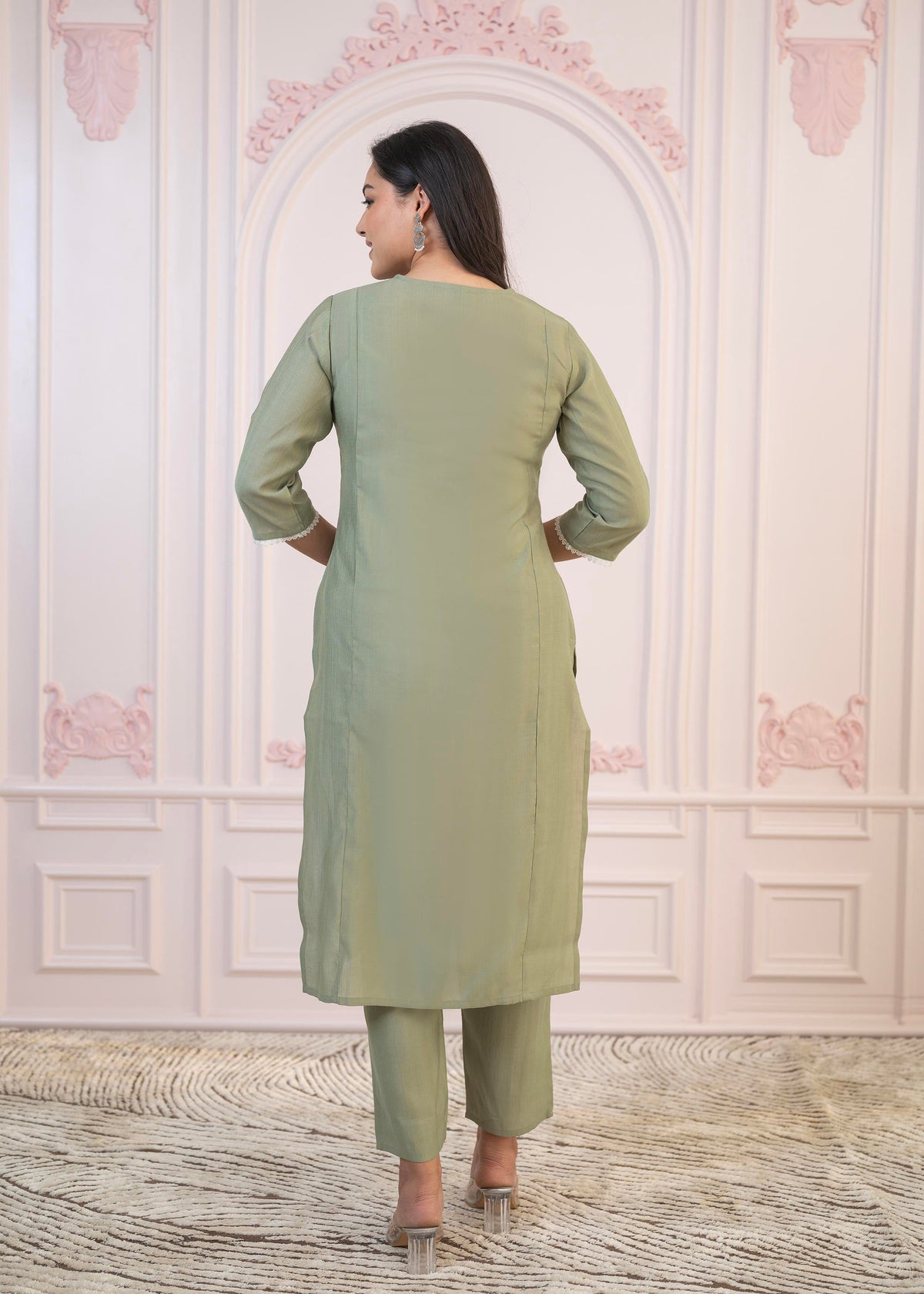 Juniper Sage Green Embroidered Viscose Kurta-Palazzo Set With Thread Work & Cotton Lace | Grocsy