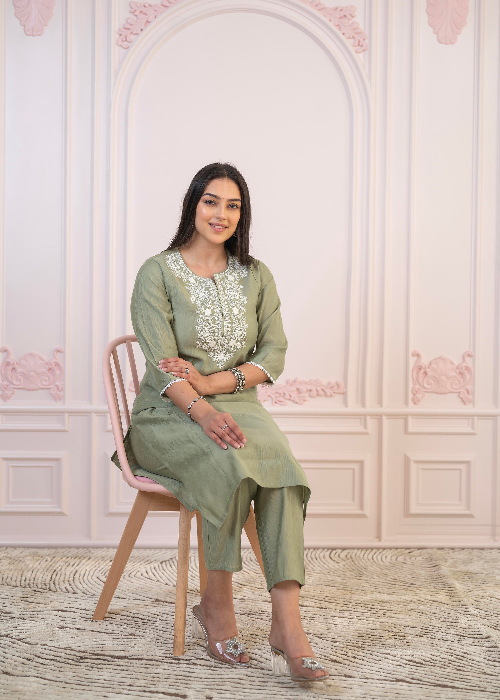 Juniper Sage Green Embroidered Viscose Kurta-Palazzo Set With Thread Work & Cotton Lace | Grocsy