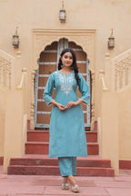 Juniper Turquoise Solid Viscose Kurta & Pant Set With Thread Work & Lace | Grocsy