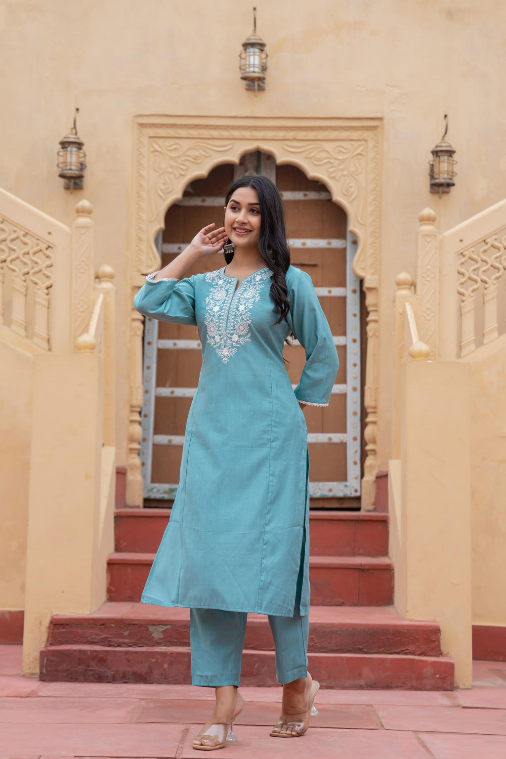 Juniper Turquoise Solid Viscose Kurta & Pant Set With Thread Work & Lace | Grocsy