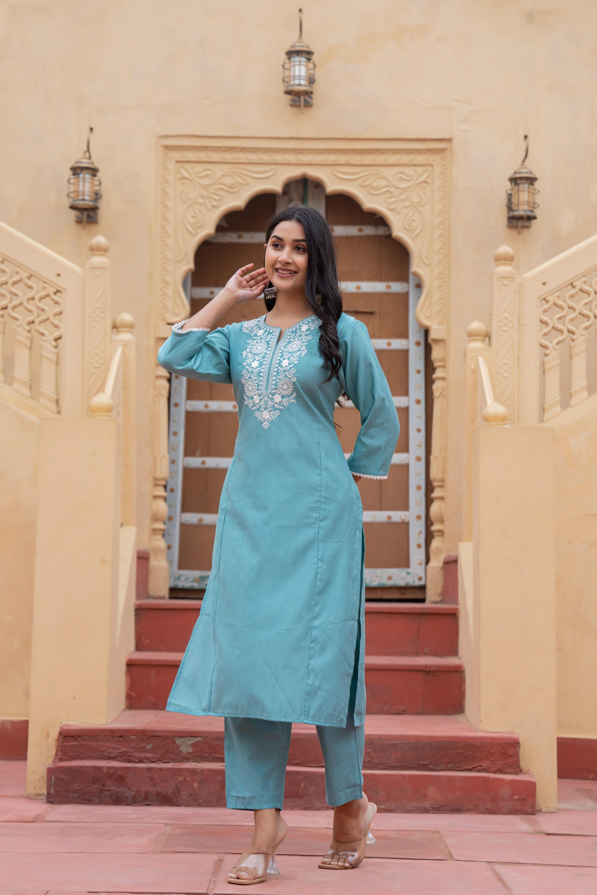 Juniper Turquoise Solid Viscose Kurta & Pant Set With Thread Work & Lace | Grocsy