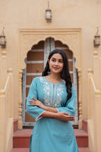 Juniper Turquoise Solid Viscose Kurta & Pant Set With Thread Work & Lace | Grocsy