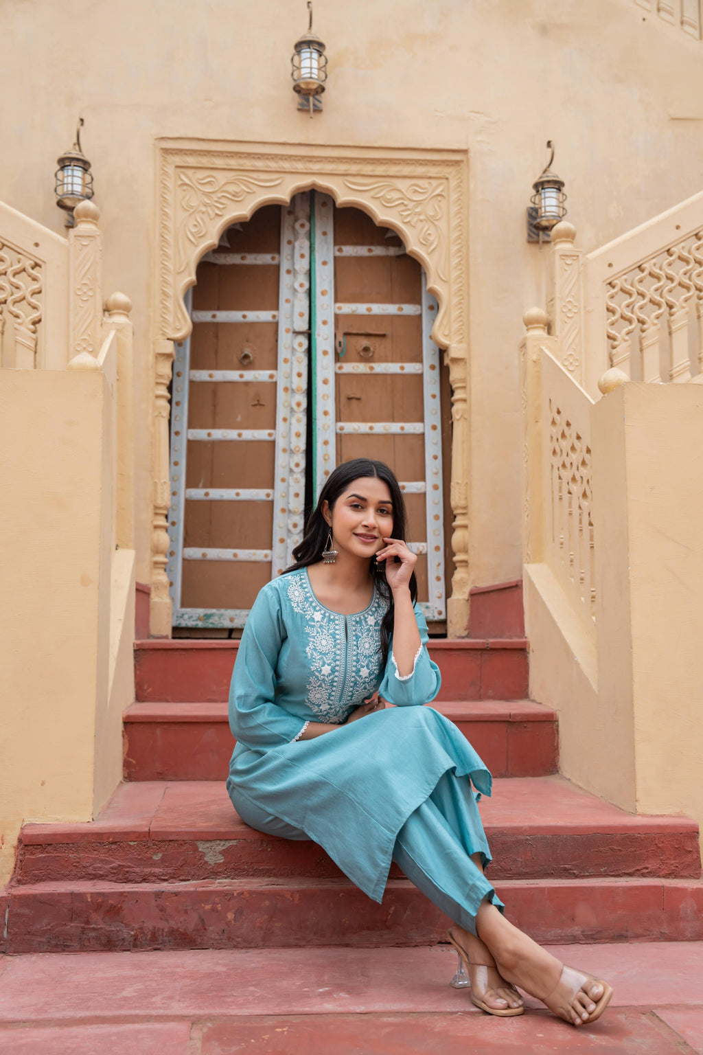 Juniper Turquoise Solid Viscose Kurta & Pant Set With Thread Work & Lace | Grocsy