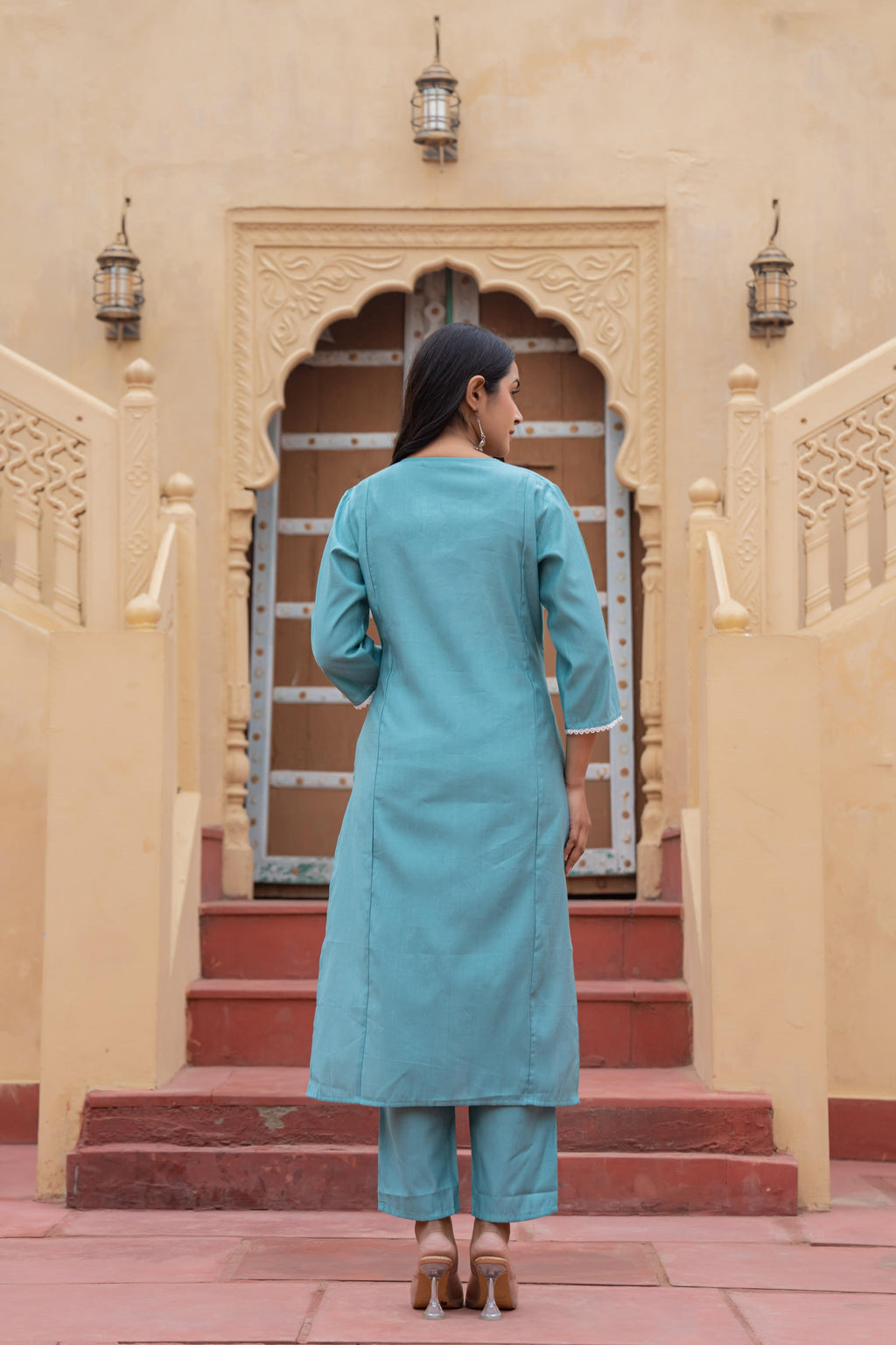 Juniper Turquoise Solid Viscose Kurta & Pant Set With Thread Work & Lace | Grocsy