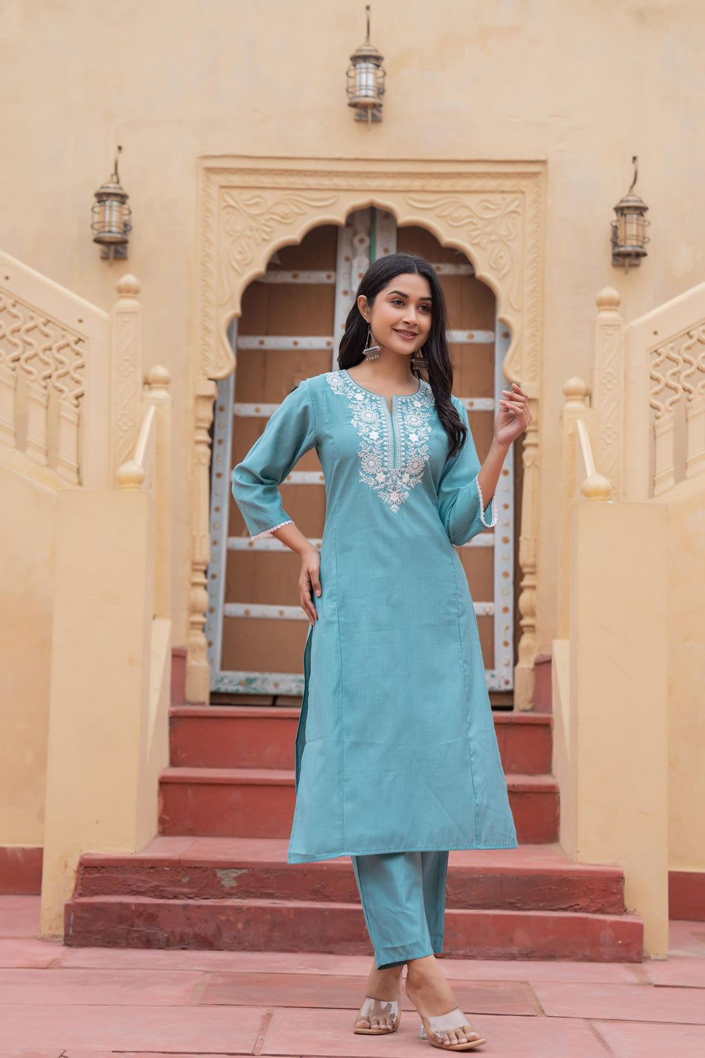 Juniper Turquoise Solid Viscose Kurta & Pant Set With Thread Work & Lace | Grocsy