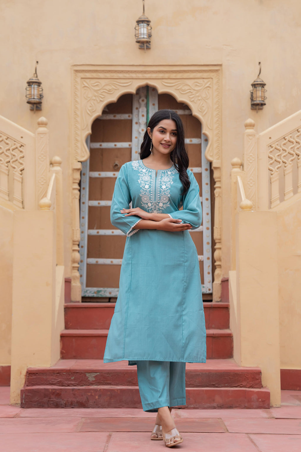 Juniper Turquoise Solid Viscose Kurta & Pant Set With Thread Work & Lace | Grocsy