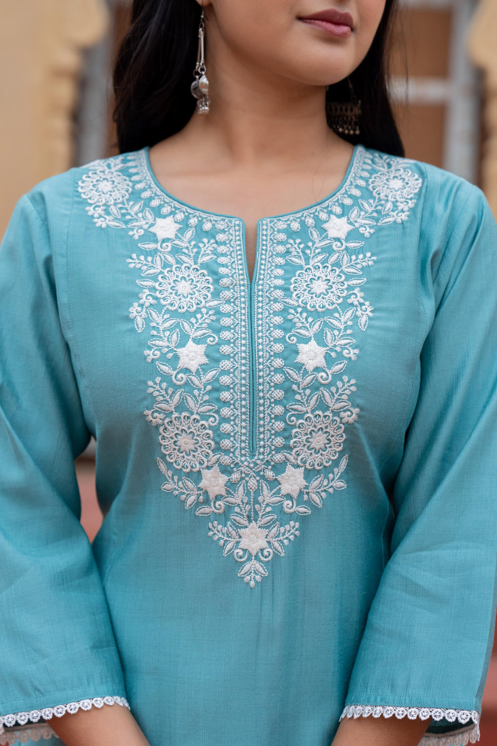 Juniper Turquoise Solid Viscose Kurta & Pant Set With Thread Work & Lace | Grocsy