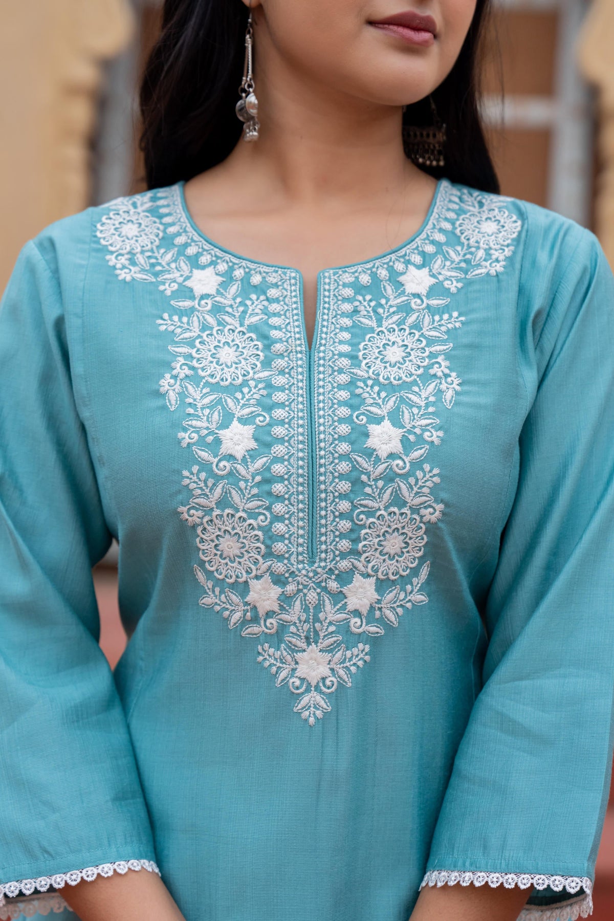 Juniper Turquoise Solid Viscose Kurta & Pant Set With Thread Work & Lace | Grocsy