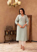 Juniper Aqua Viscose Kurta & Pant Set with Thread Work & Lace | Grocsy