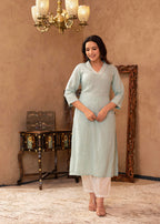 Juniper Aqua Viscose Kurta & Pant Set with Thread Work & Lace | Grocsy