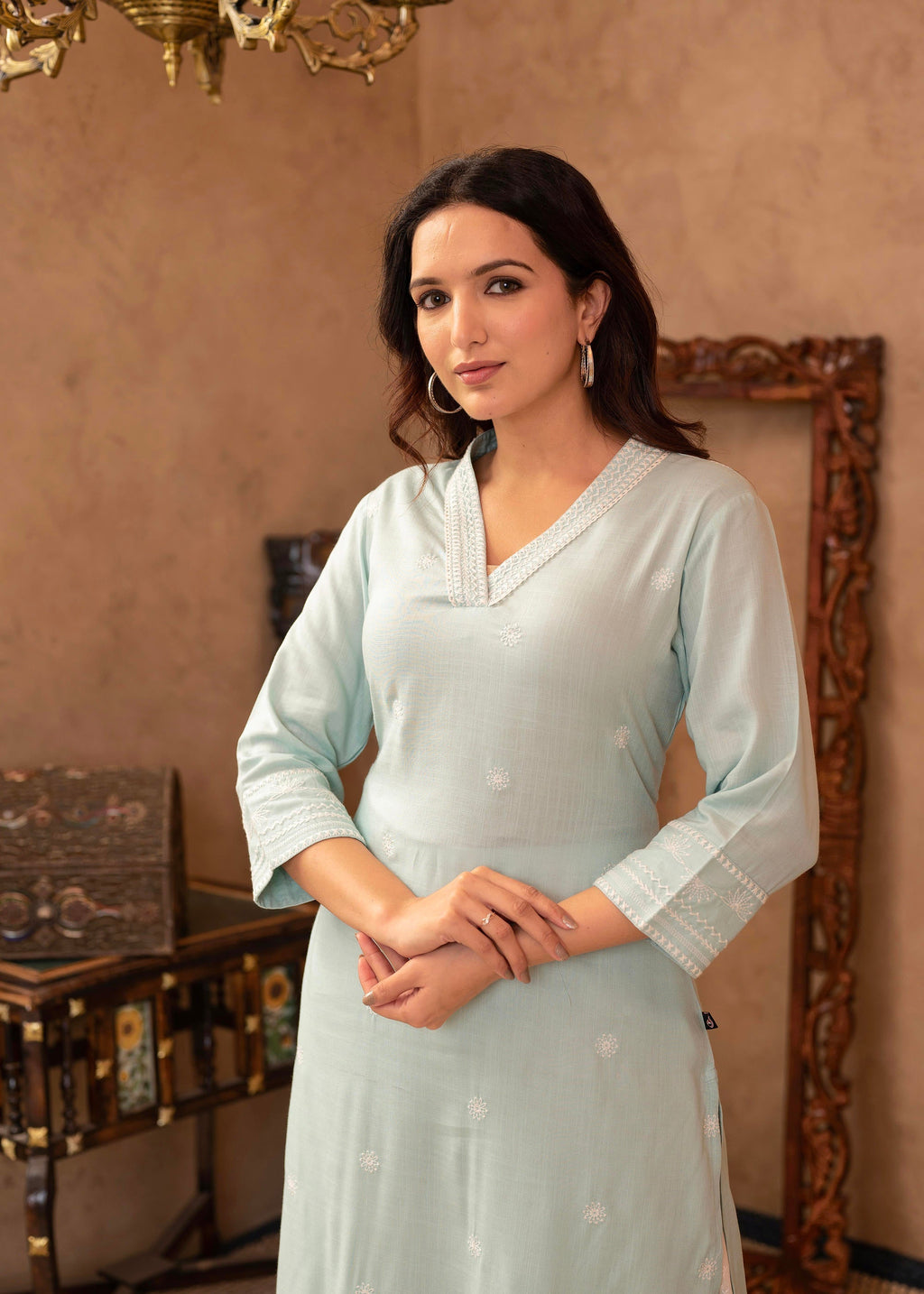 Juniper Aqua Viscose Kurta & Pant Set with Thread Work & Lace | Grocsy