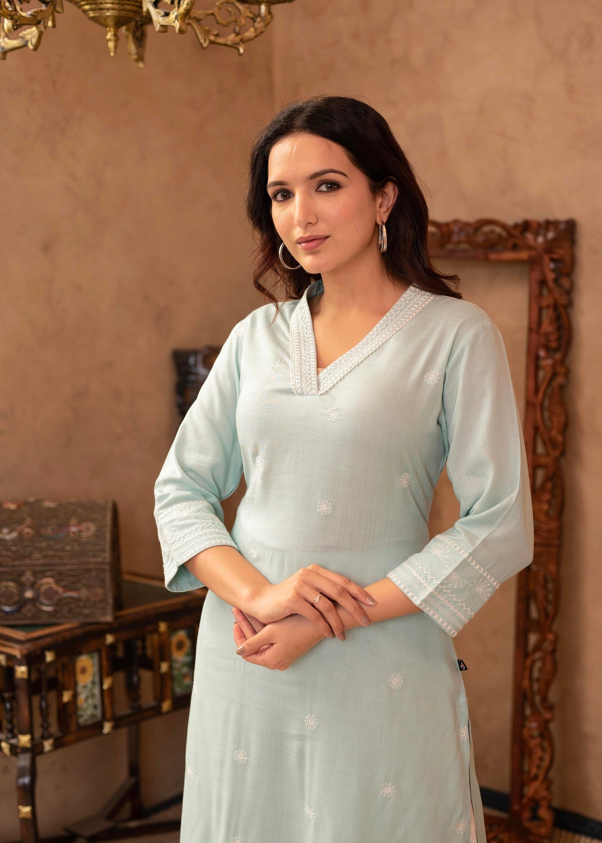 Juniper Aqua Viscose Kurta & Pant Set with Thread Work & Lace | Grocsy