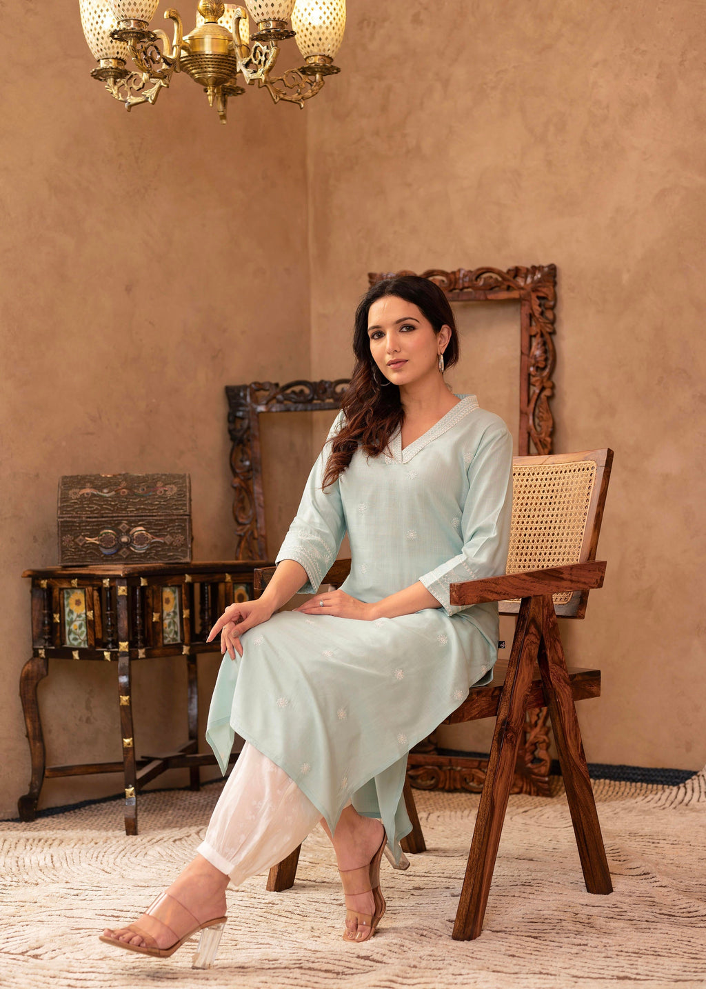 Juniper Aqua Viscose Kurta & Pant Set with Thread Work & Lace | Grocsy