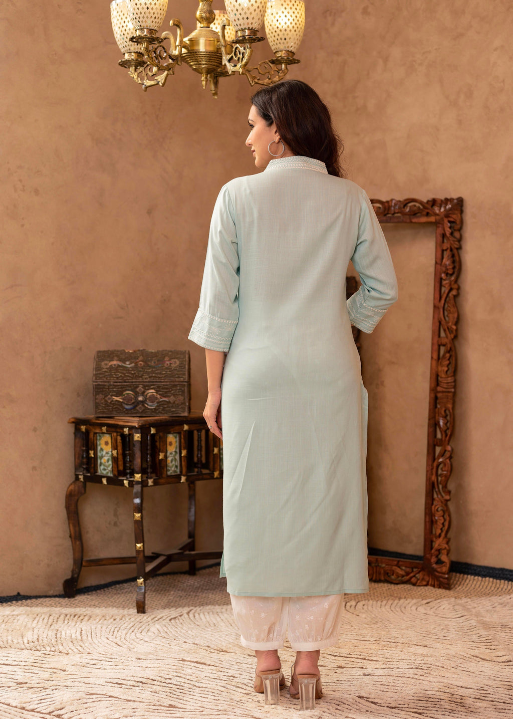 Juniper Aqua Viscose Kurta & Pant Set with Thread Work & Lace | Grocsy