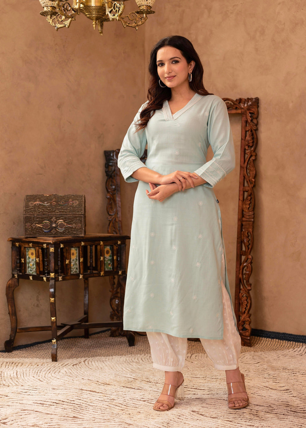 Juniper Aqua Viscose Kurta & Pant Set with Thread Work & Lace | Grocsy