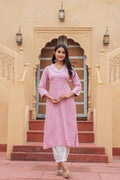 Juniper Pink Embroidered Viscose Kurta with Printed Cotton Pant | Grocsy