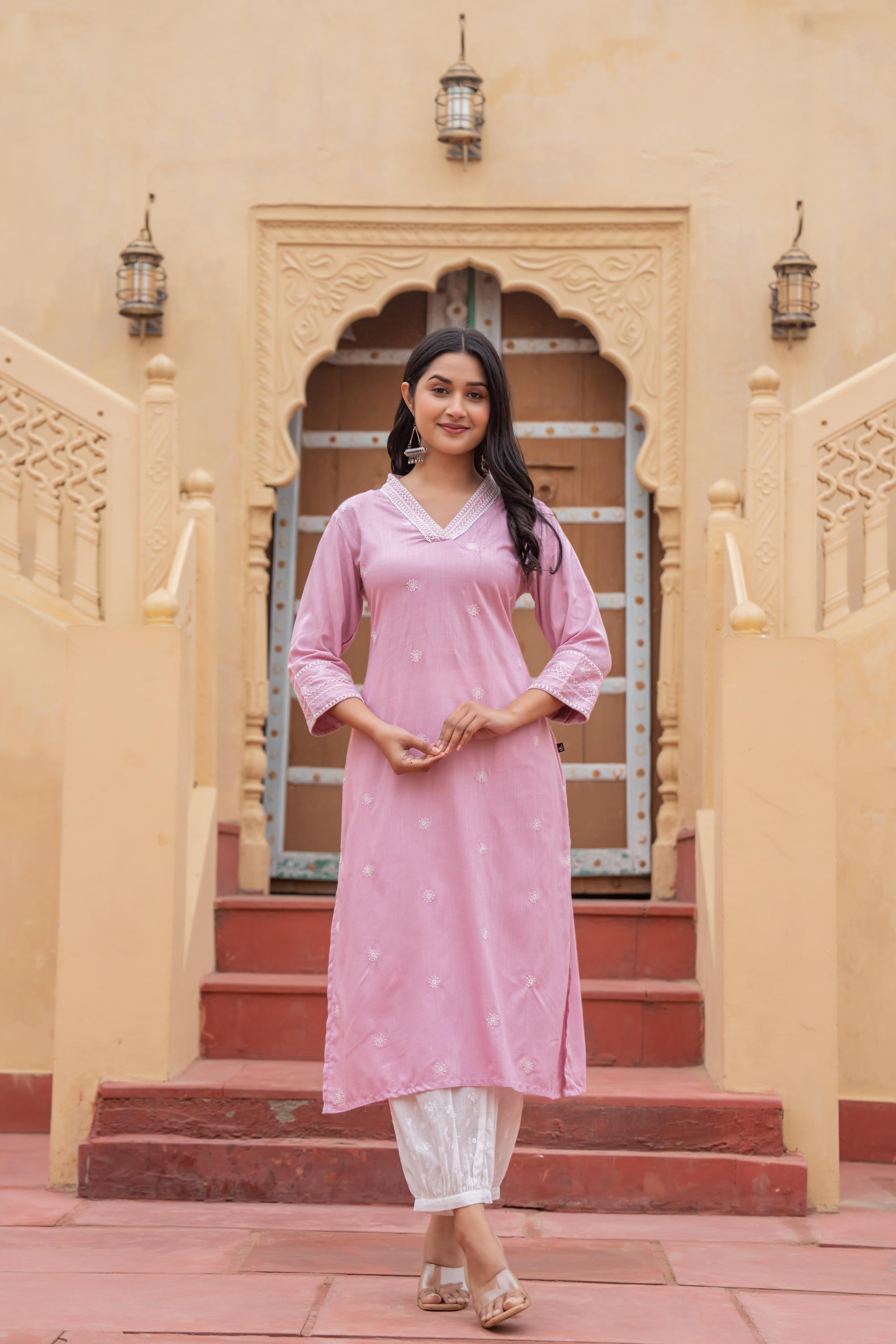 Juniper Pink Embroidered Viscose Kurta with Printed Cotton Pant | Grocsy