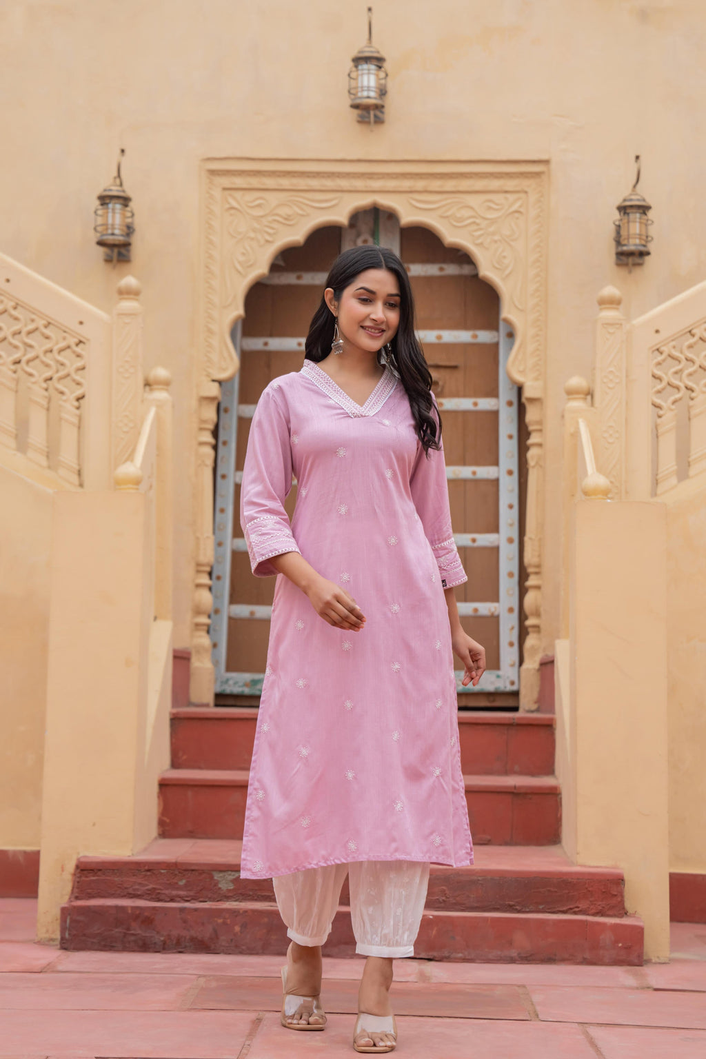 Juniper Pink Embroidered Viscose Kurta with Printed Cotton Pant | Grocsy
