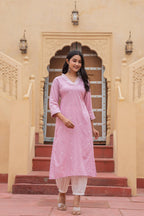 Juniper Pink Embroidered Viscose Kurta with Printed Cotton Pant | Grocsy