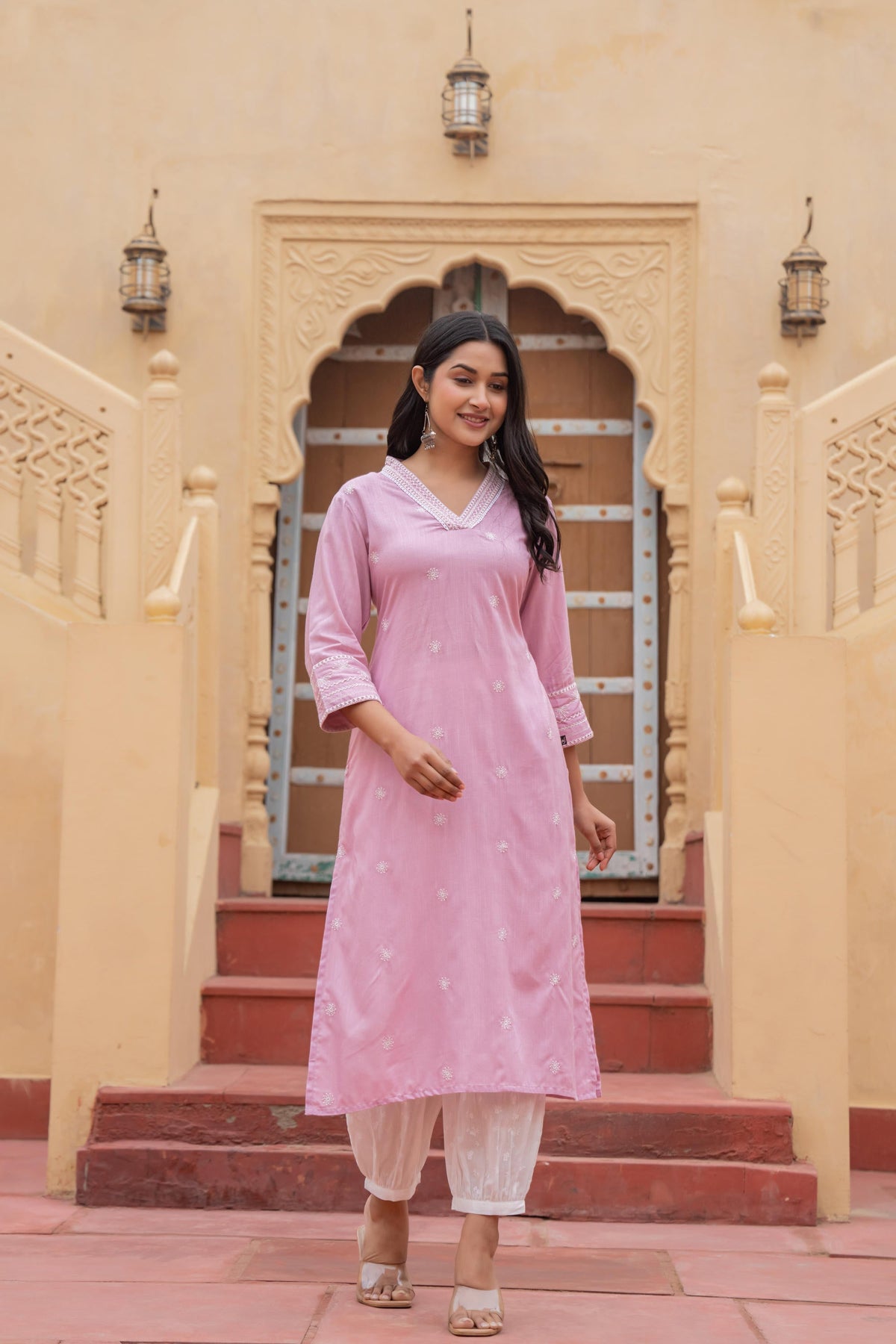 Juniper Pink Embroidered Viscose Kurta with Printed Cotton Pant | Grocsy