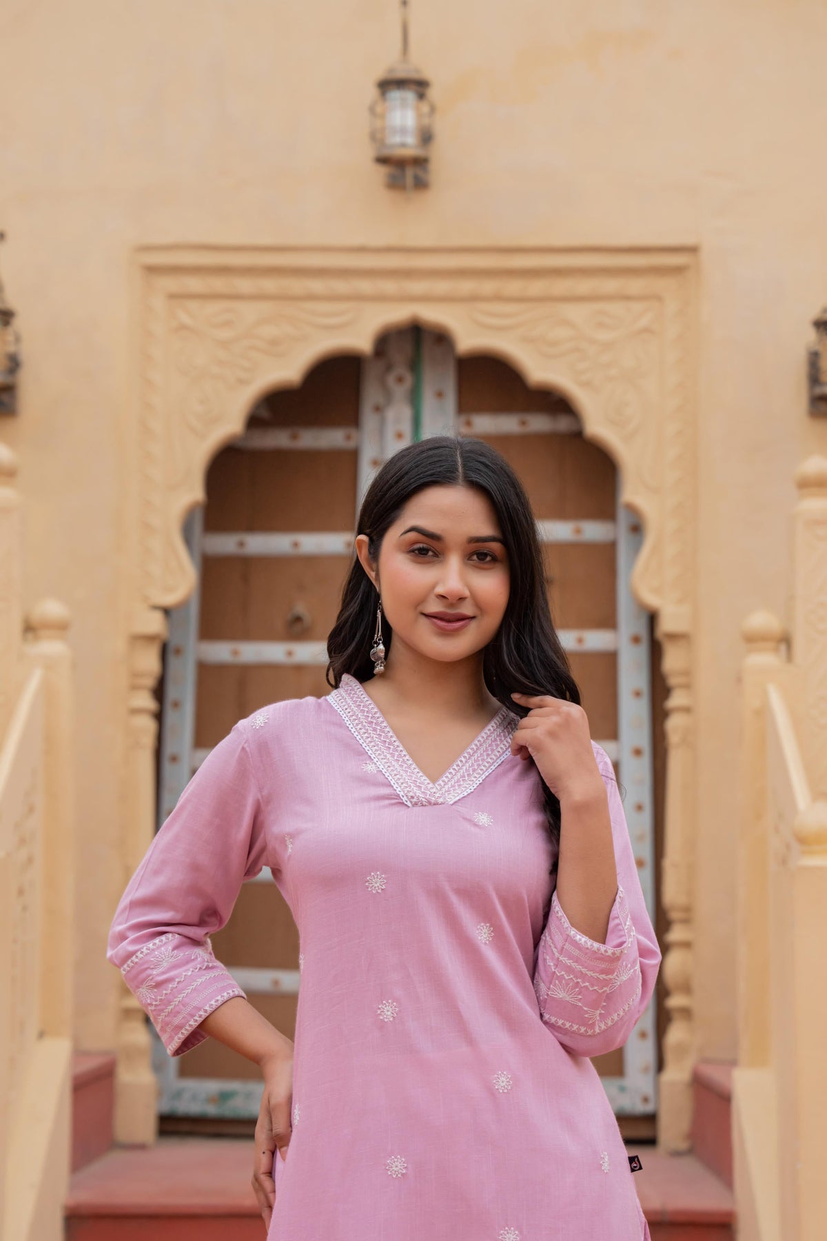 Juniper Pink Embroidered Viscose Kurta with Printed Cotton Pant | Grocsy