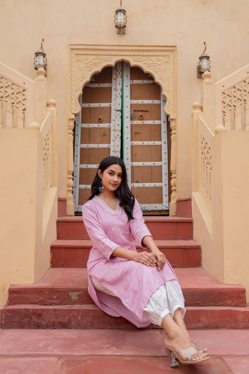 Juniper Pink Embroidered Viscose Kurta With Printed Cotton Pant | Grocsy