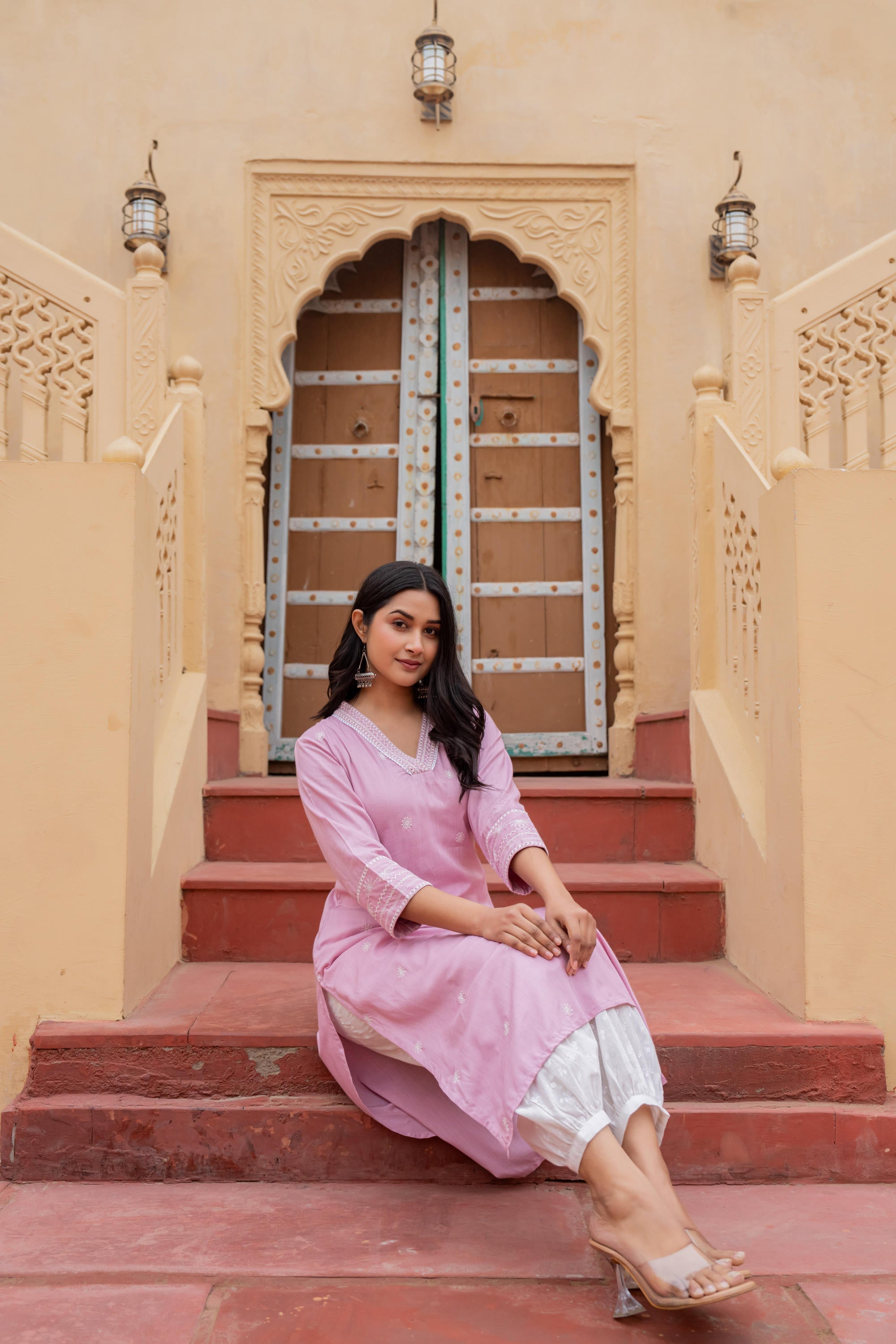 Juniper Pink Embroidered Viscose Kurta With Printed Cotton Pant | Grocsy