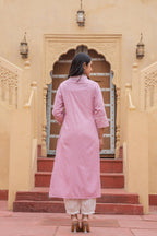 Juniper Pink Embroidered Viscose Kurta with Printed Cotton Pant | Grocsy