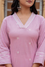 Juniper Pink Embroidered Viscose Kurta with Printed Cotton Pant | Grocsy