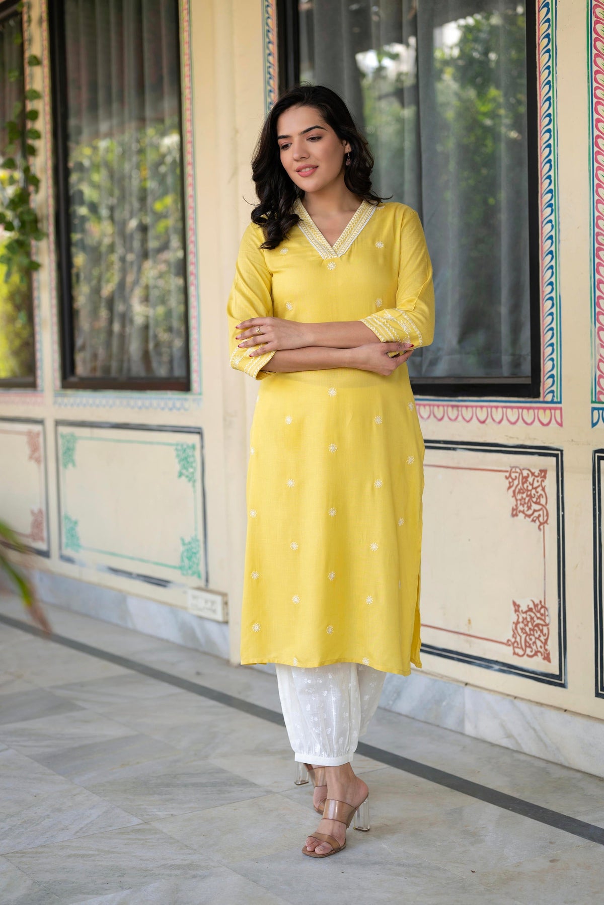 Juniper Yellow Embroidered Viscose Kurta With Printed Cotton Pant | Grocsy