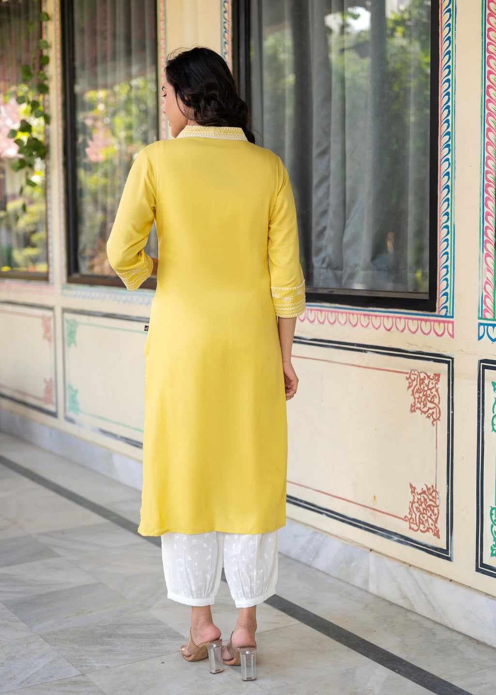 Juniper Yellow Embroidered Viscose Kurta With Printed Cotton Pant | Grocsy